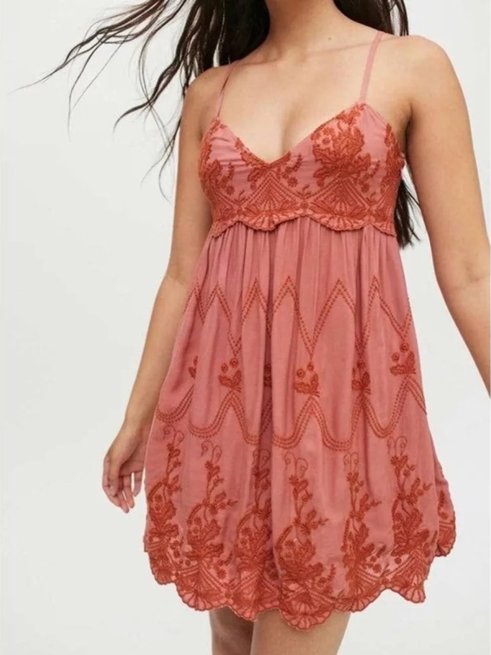 Urban Outfitters Jamie Babydoll Orange Terracotta Embroidered Mini